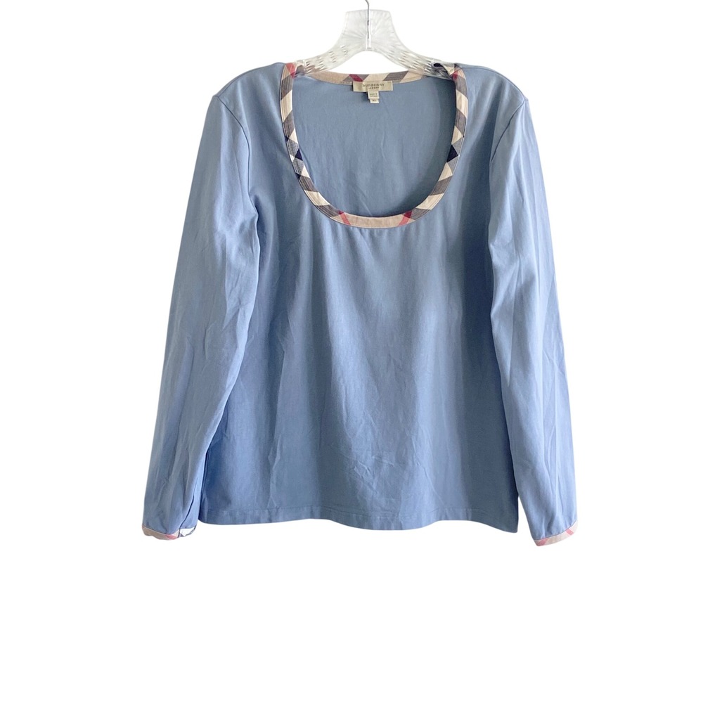 Burberry London Womens XL Blue Nova Check Trim Scoop Neck Long Sleeve Top